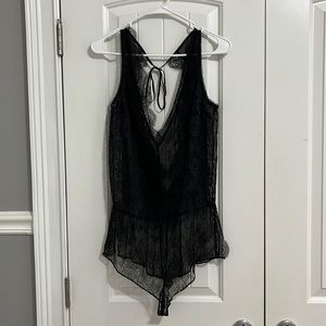 Black VS romper, various sheer and lace materials, backless with tie at neck